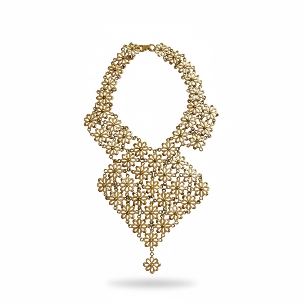 VTG 60s Vendome Boho Statement Floral Metalwork Bib Necklace